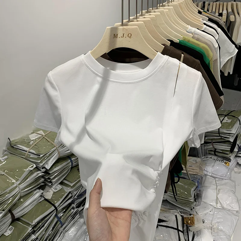 Shirring Drawstring Design Skinny Short T-shirt For Women Summer Slim Holes Short Sleeve Chic Top Female Cotton Korean Tees