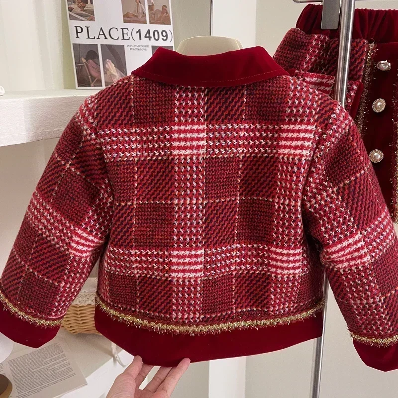 Girl\'s Suit Winter New Wine Red Plaid Girl\'s Small Fragrance Tweed Temperament Long Sleeve Coat + Cotton Skirt Suit