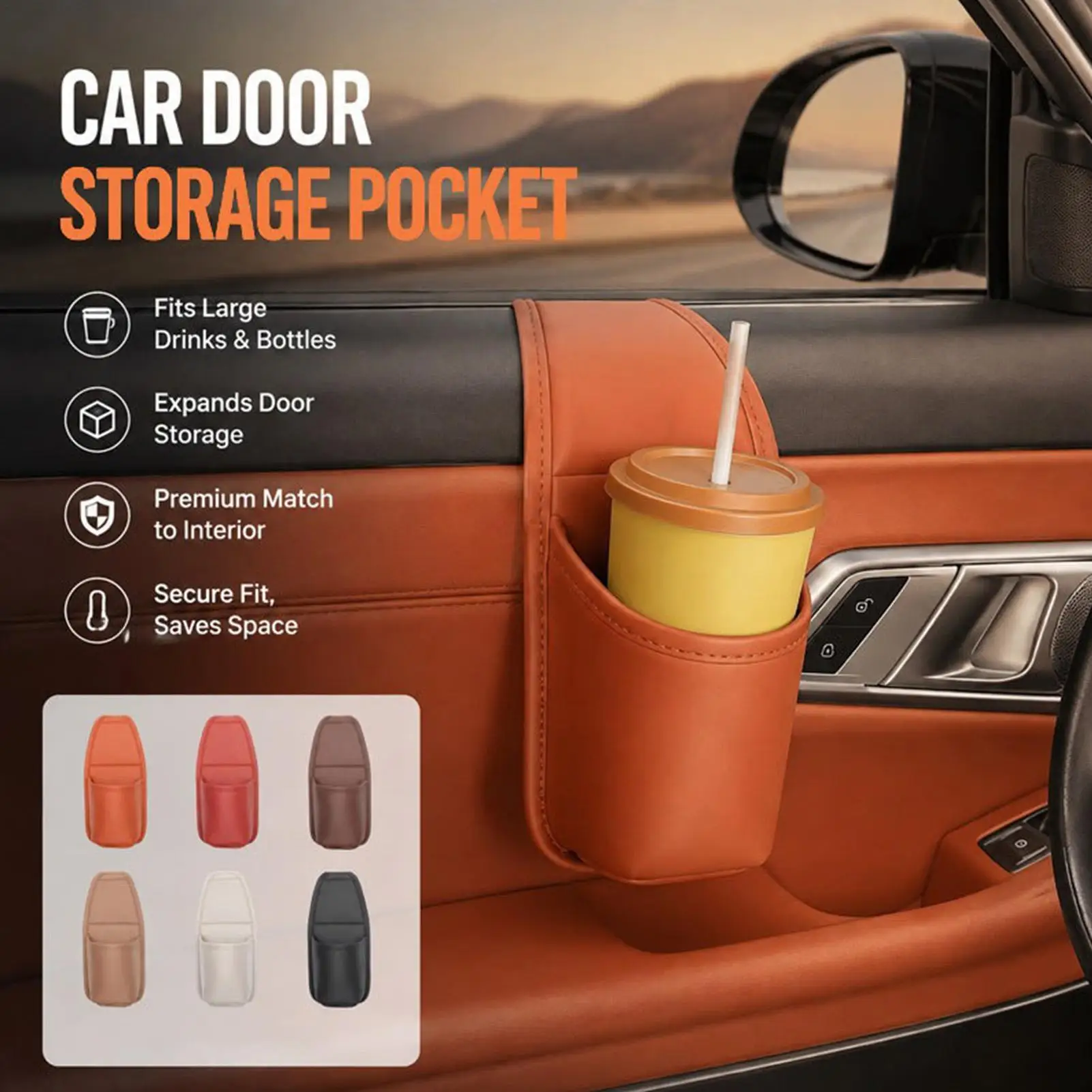 PU Leather Car Door Cup Holder Universal Rear Seat Drink Rack with Storage Bin, Uses for Back Seat Organization & Interior Tidy