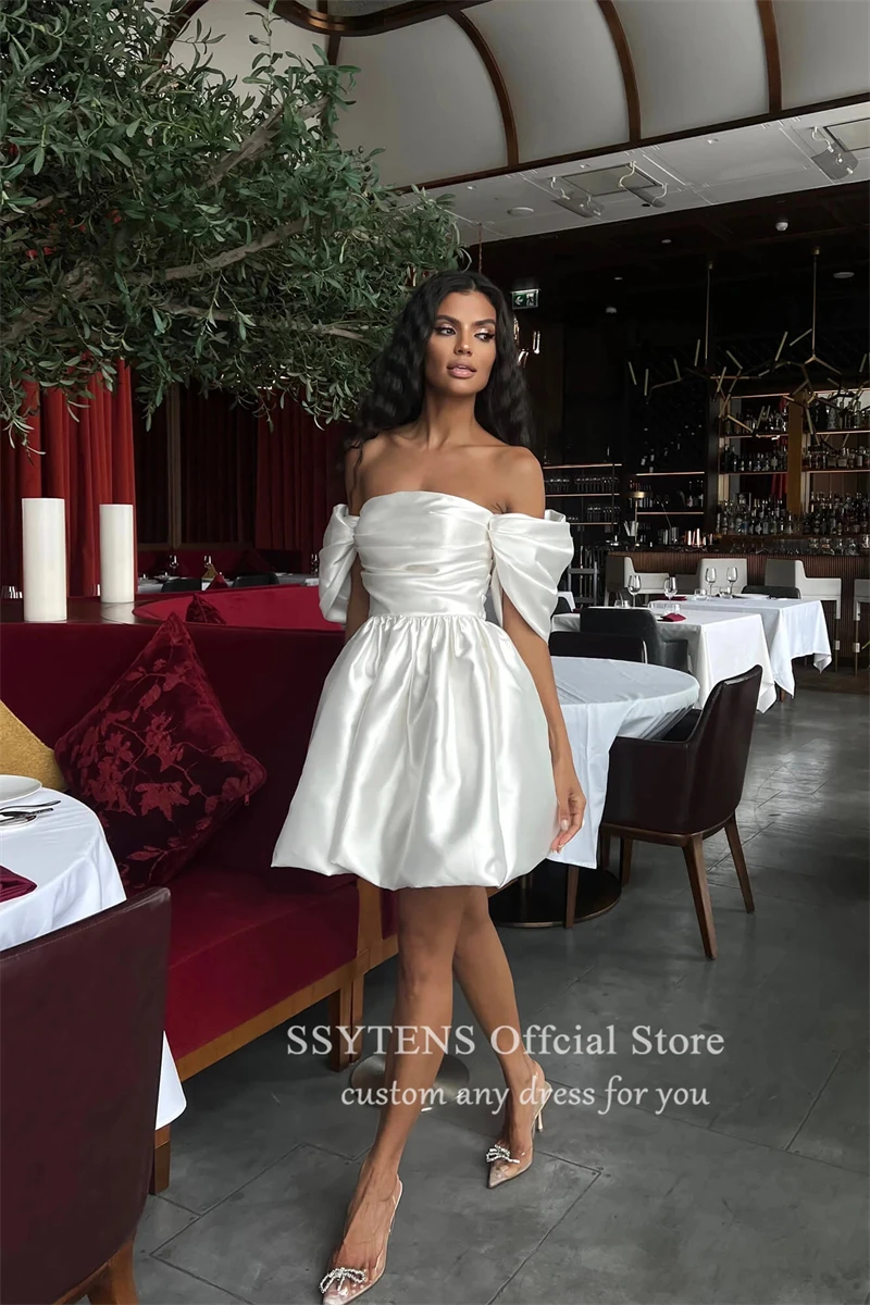 SSYTENS Simple Soft Satin Mini Bride Wedding Dresses Off The Shoulder Pleats Bride Formal Party Dress Short Sleeves Bridal Gowns