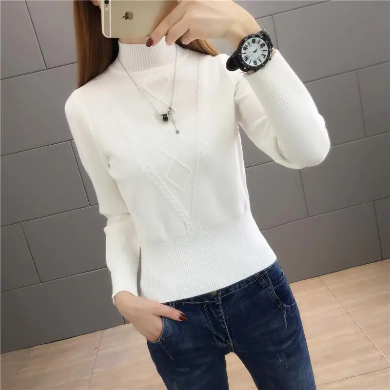 Autumn and Winter Women\'s Pullover Half High Neck Long Sleeve Solid Twist Stripe Plaid Slim Fit Sweater Fashion Casual Knit Tops