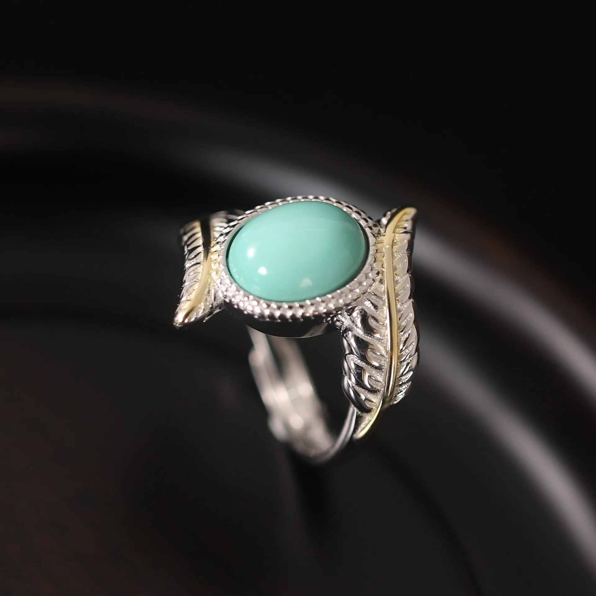 JZ236 ZFSILVER  Thai Silver S925 Fashion Elegant Turquoise Luxury Retro Design Width OvaluFeather Rings Men Women Wedding Party