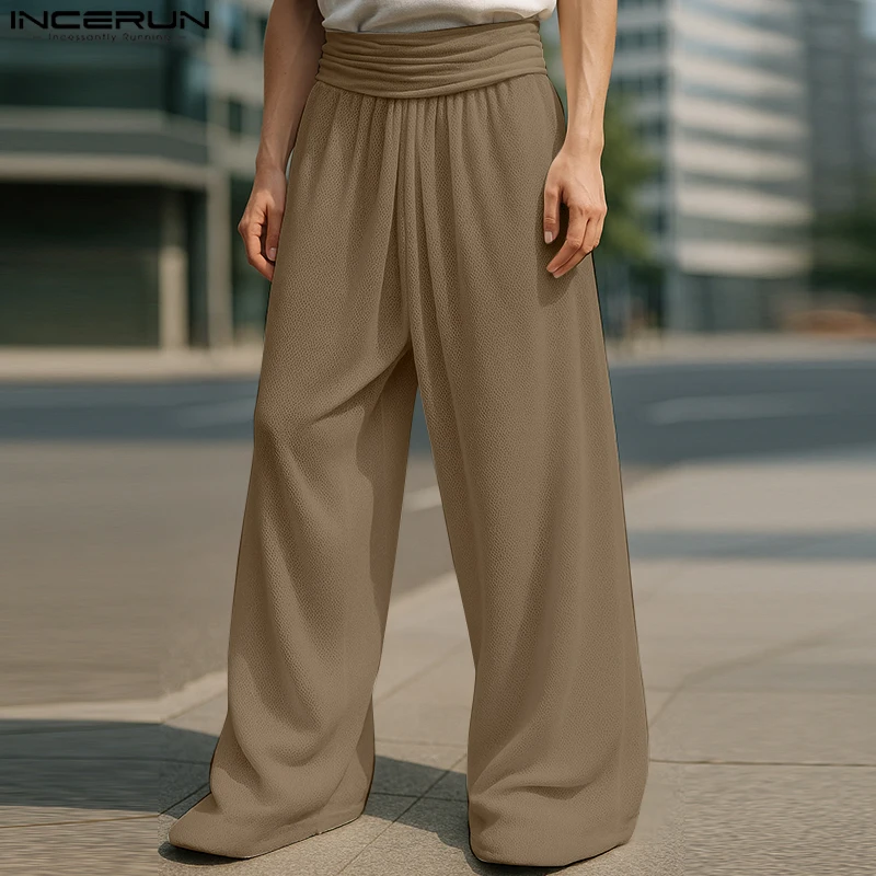 

INCERUN Men Pants Solid Color Elastic Waist Joggers Loose Casual Straight Trousers Men Streetwear 2025 Fashion Male Long Pants