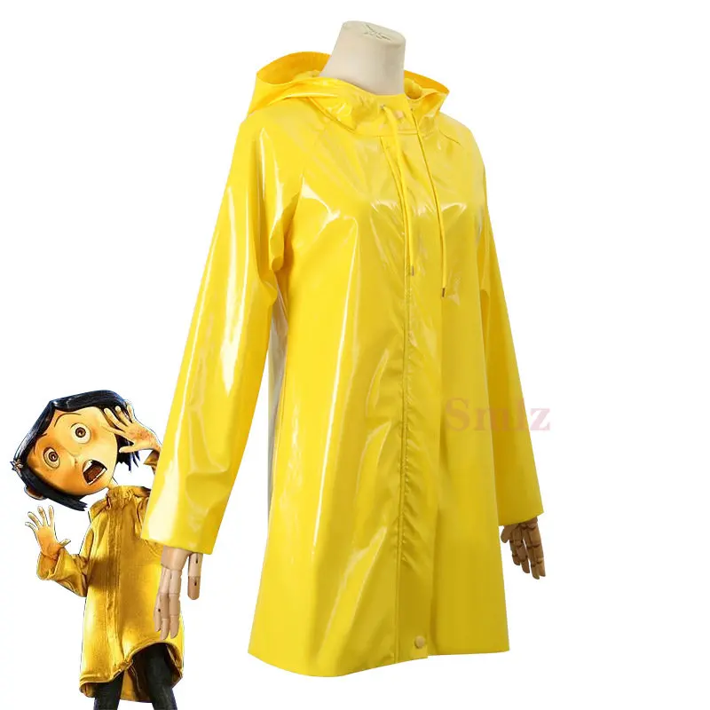 Anime Cosplay Coraline Jones Cosplay Costume Outfits Yellow Hooded Coat Raincoat Headdress Halloween Carnival Suit