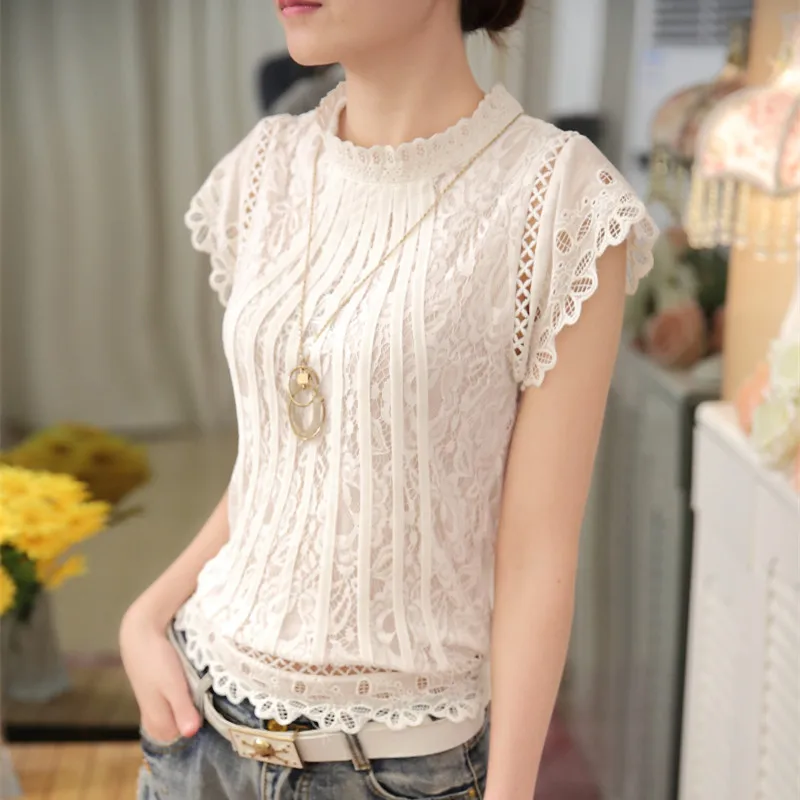 Summer Casual Solid Blouses for Women Petal Sleeve Floral Lace Tops Sweet Chiffon O-neck Short Shirts Elegant Chic New 01C