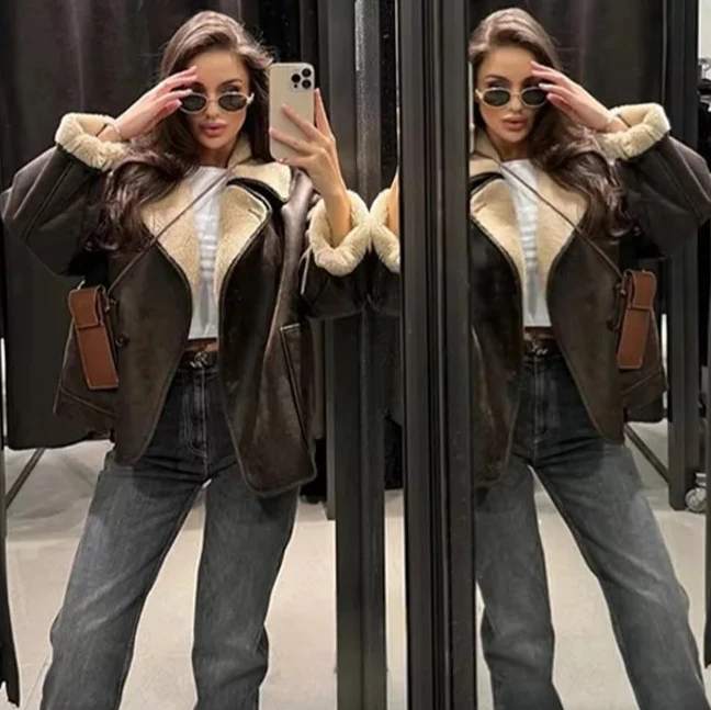 

Women's Thick Warm Winter Coat, Lamb Wool Faux Suede Jacket with Fur Collar, Loose Single Breasted Turn Down Collar Outerwear