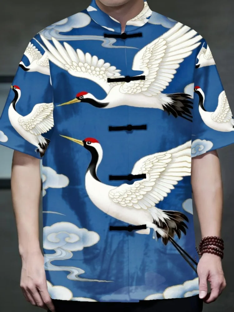 Men Mandarin Collar Short Sleeve Shirt New Chinese Style Frog Button Crane Printed Vintage Tops Tunics Oversized Blouse