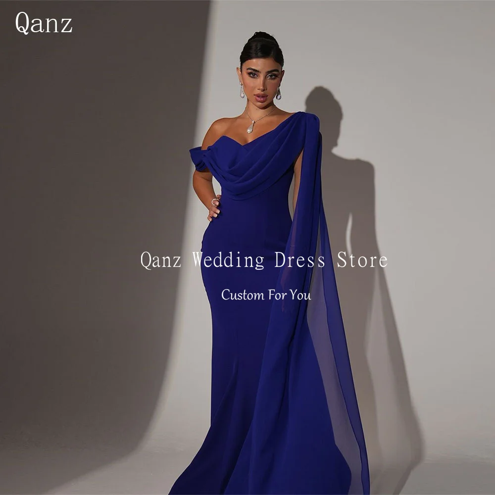 Qanz Blue One Shoulder Evening Dresses Mermaid Vestido Formales Elegante Lace Up Back Saudi Arabia Formal Dress Customized