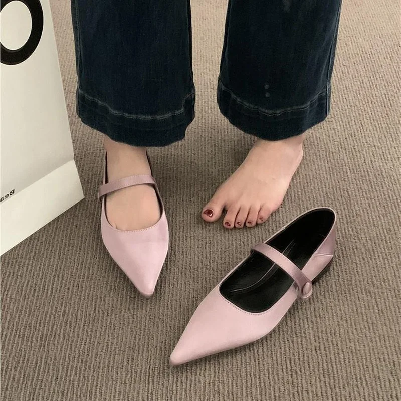 Mary Jane Shoes Retro Shallow Flat Single Shoes 2023 Summer New Pointed Toe Low Heel Women\'s Shoes Solid Casual Women Moccassin