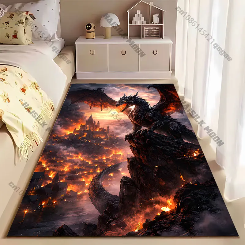 Dragon destruction fire chaos city carpet Yoga living room room decor children's crawling mat doormat area rug games mat