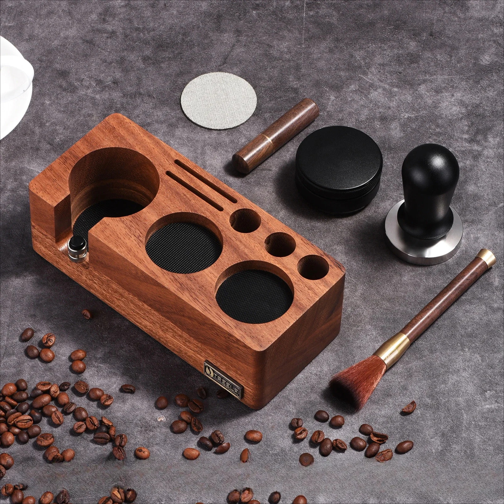 

Coffee Tamper Station Coffee Machine Handle with Storage Walnut/beech Filling Seat Powder Dispenser Seat