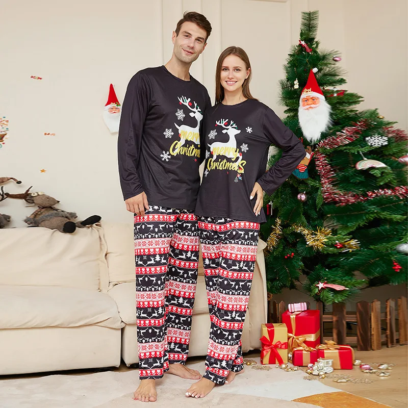 New round-neck Christmas cartoon reindeer letter set pajamas for export family and parent-child home wear