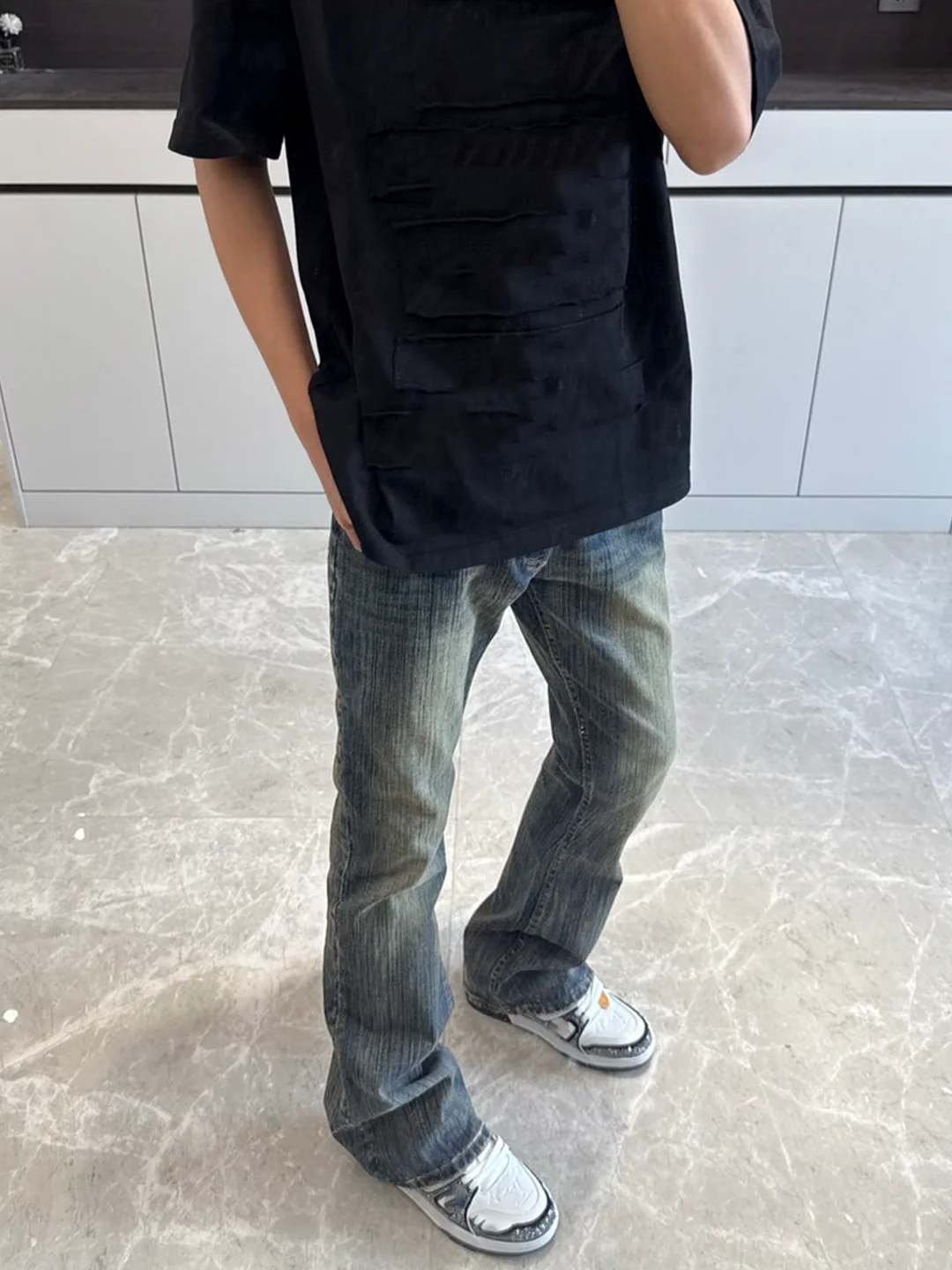 

Slimming American Retro Blue Bamboo Texture Straight Leg Men's Jeans High Street Watered-down Micro Flared Long Trousers