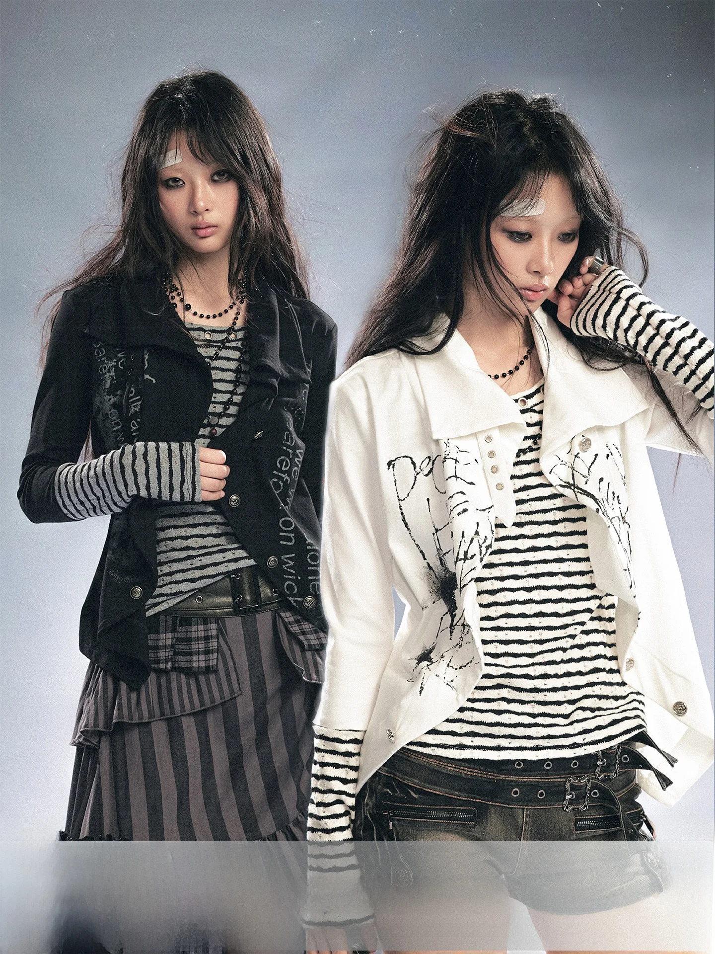 

CestNous Punk Sle Long Sve Knitted Cardigan Women's Patchwork Stripe Top Fake Two-Piece Spring Cotton Blend Sweater
