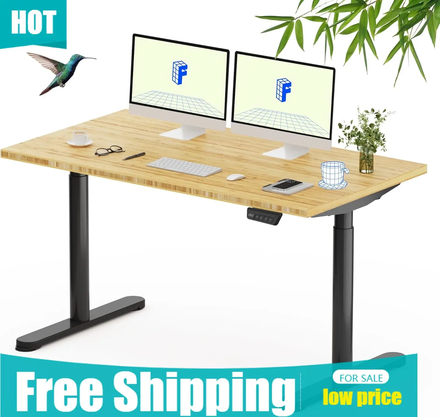 

Height Adjustable Standing Desk For Home Office Living Spaces With Black Frame Oval Legs Bamboo Tabletop