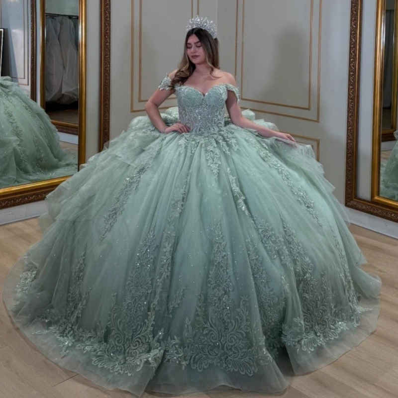 Mintgrünes, glänzendes Quinceanera-Kleid, schulterfrei, Ballkleid, süßes 16-Kleid, Applikation, Spitze, Perlen, Tüll, Geburtstagsfeier, Vestidos 15