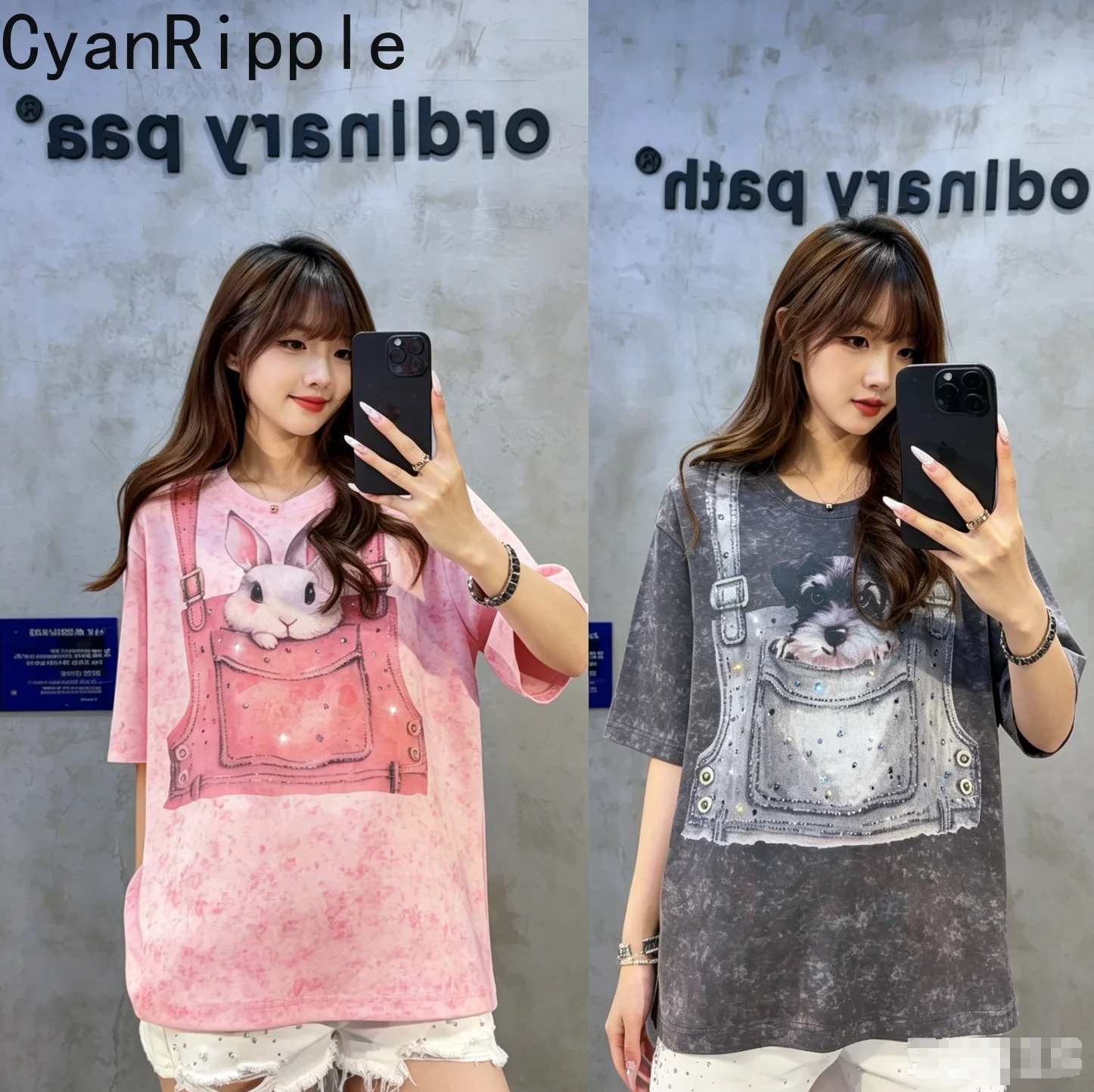 

High Quality New Spring Summer Loose Short Sleeve T-shirt Cartoon Printed Hot Diamonds All-match Round Neck Sweet Cotton Tops