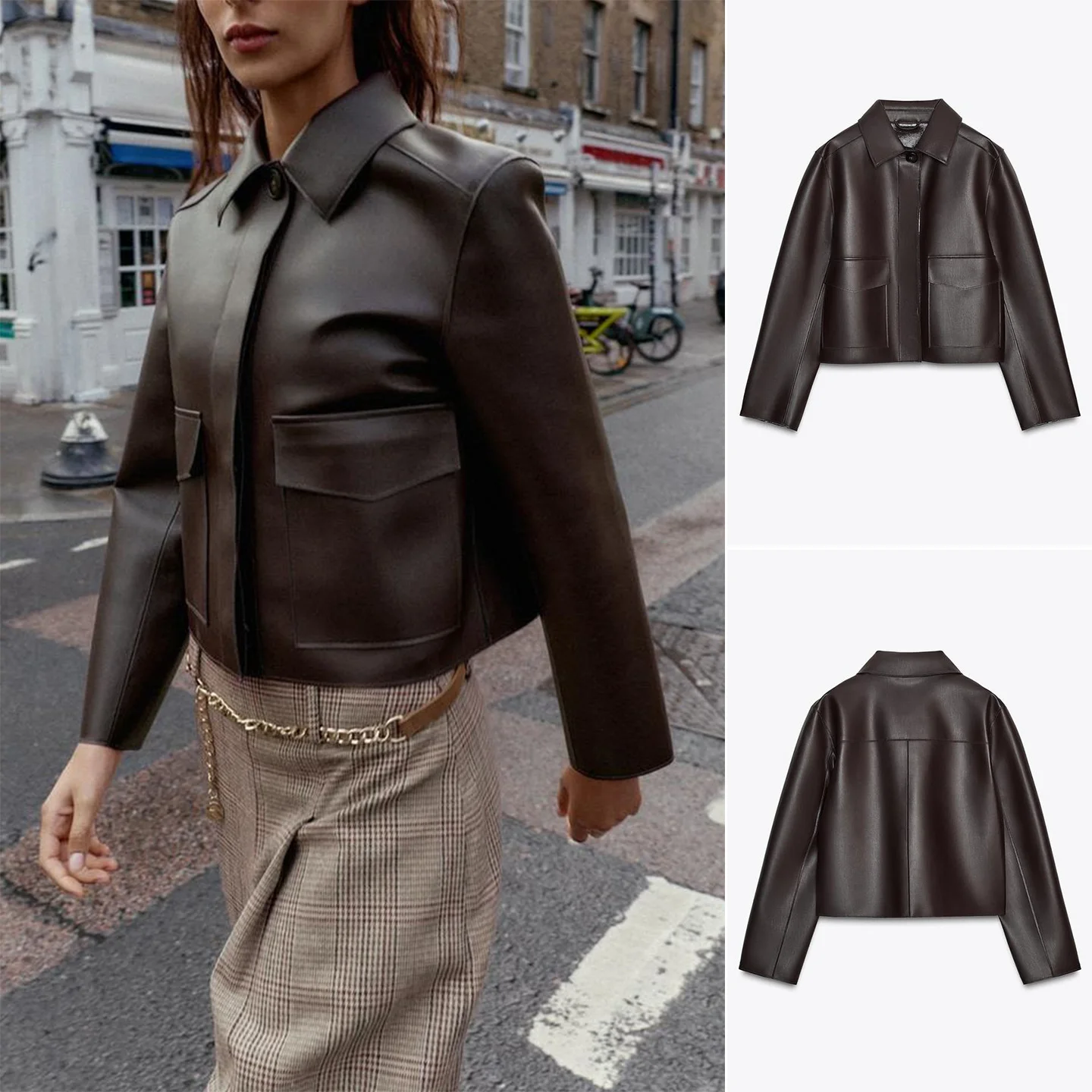 Autumn New Women's Briti Sle Long Sve Lapel Loose PU Leather ort Jaet Coat Polyester Fiber 00% Velvet Material