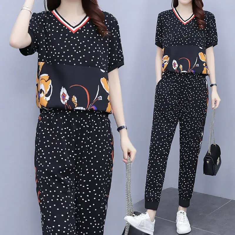 Set Female 2024 Summer New Suit  2PCS M-5XL Two Piece Women\'s Wide Short Sleeve Top Printed Ladies Outfit Jacket