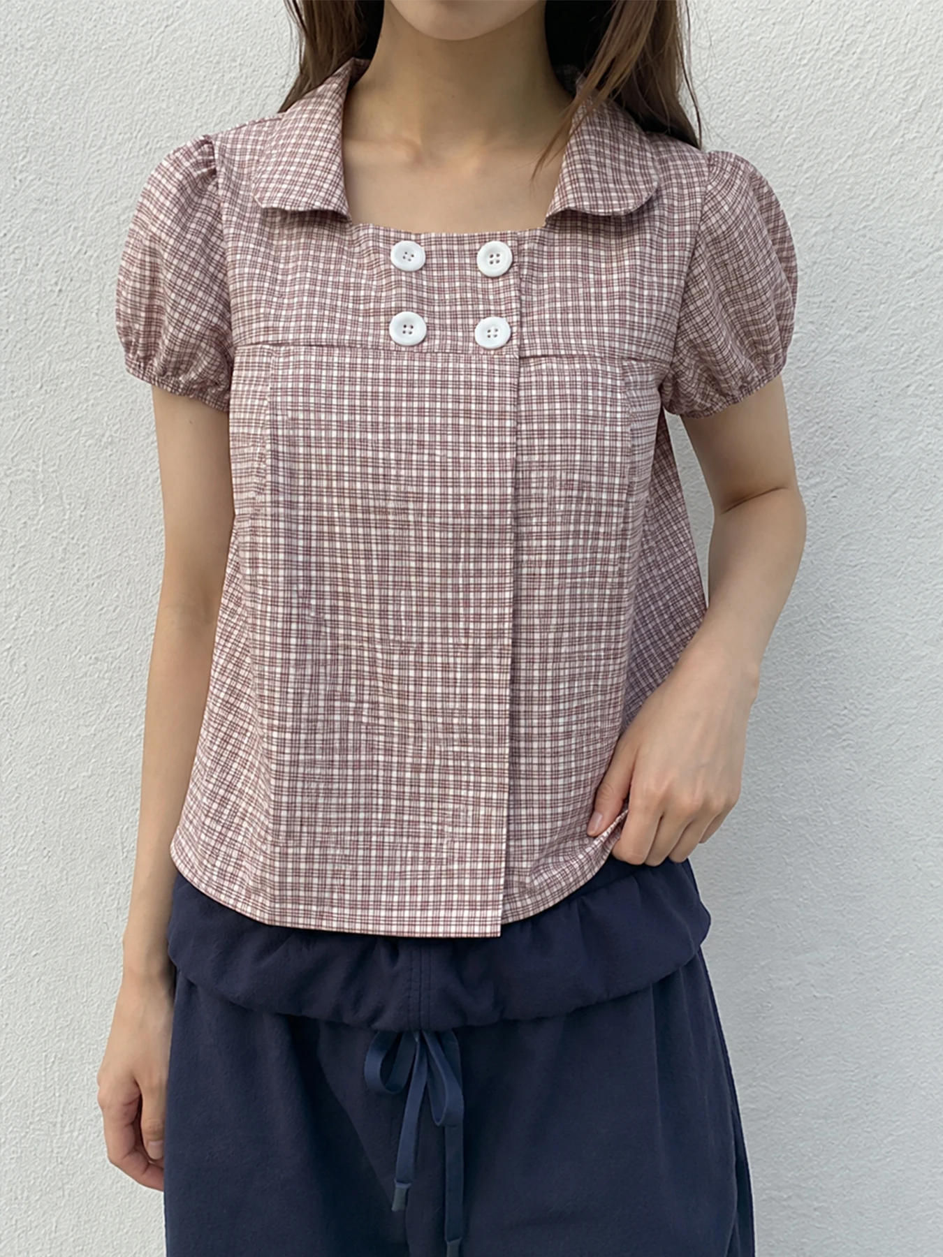 Pink Brown Plaid Collar Puff Sleeve Blouse Square Neck Short Vintage Shirt For Women