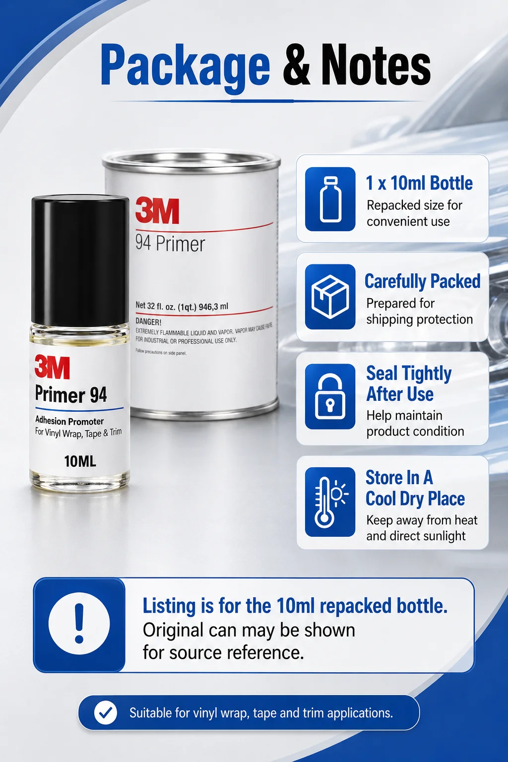 Original 3M Primer 94 Haftvermittler 10ml Nachfüllpackung Starke Haftung für Auto-Folierung Kunststoff- und Metalloberflächen – Detail 8