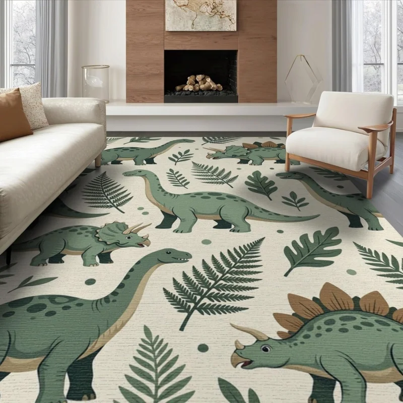 Cute Dinosaur Area Rug Cartoon Dino Fern Leaf Print Soft Floor Mat Living Room Bedroom Playroom Indoor Home Decor Carpet