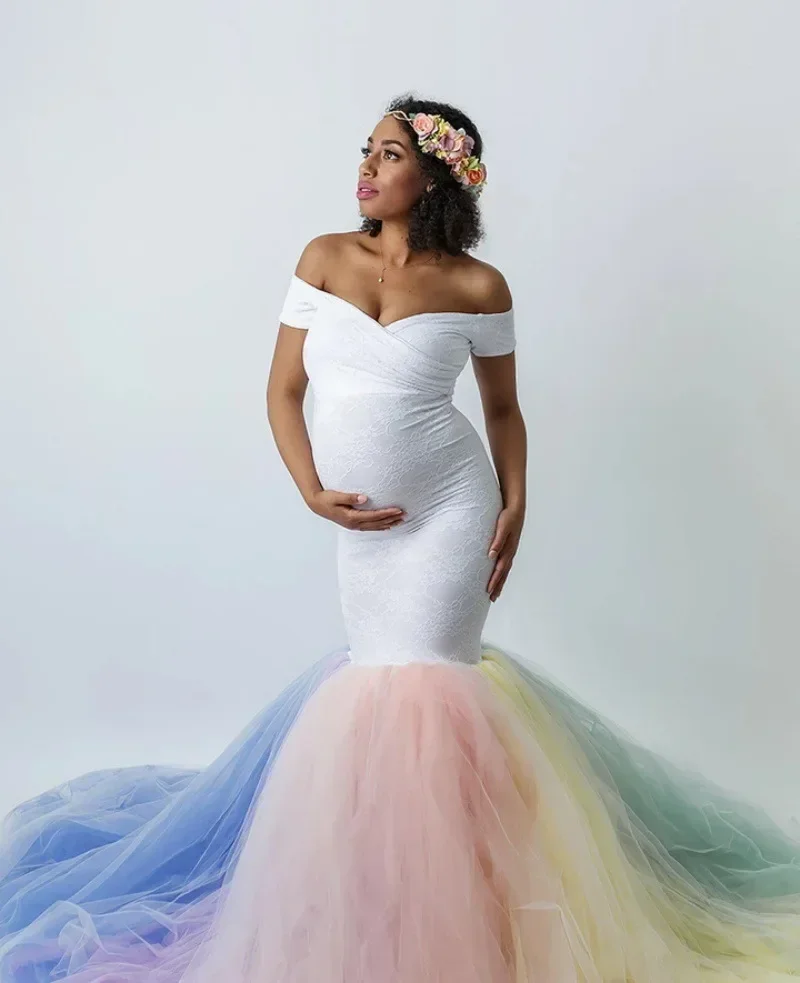 Lace Maternity Photography Props Dresses Rainbow Mesh Pregnancy Dress Long Pregnant Women Maxi Maternity Gown For Photo Shoots