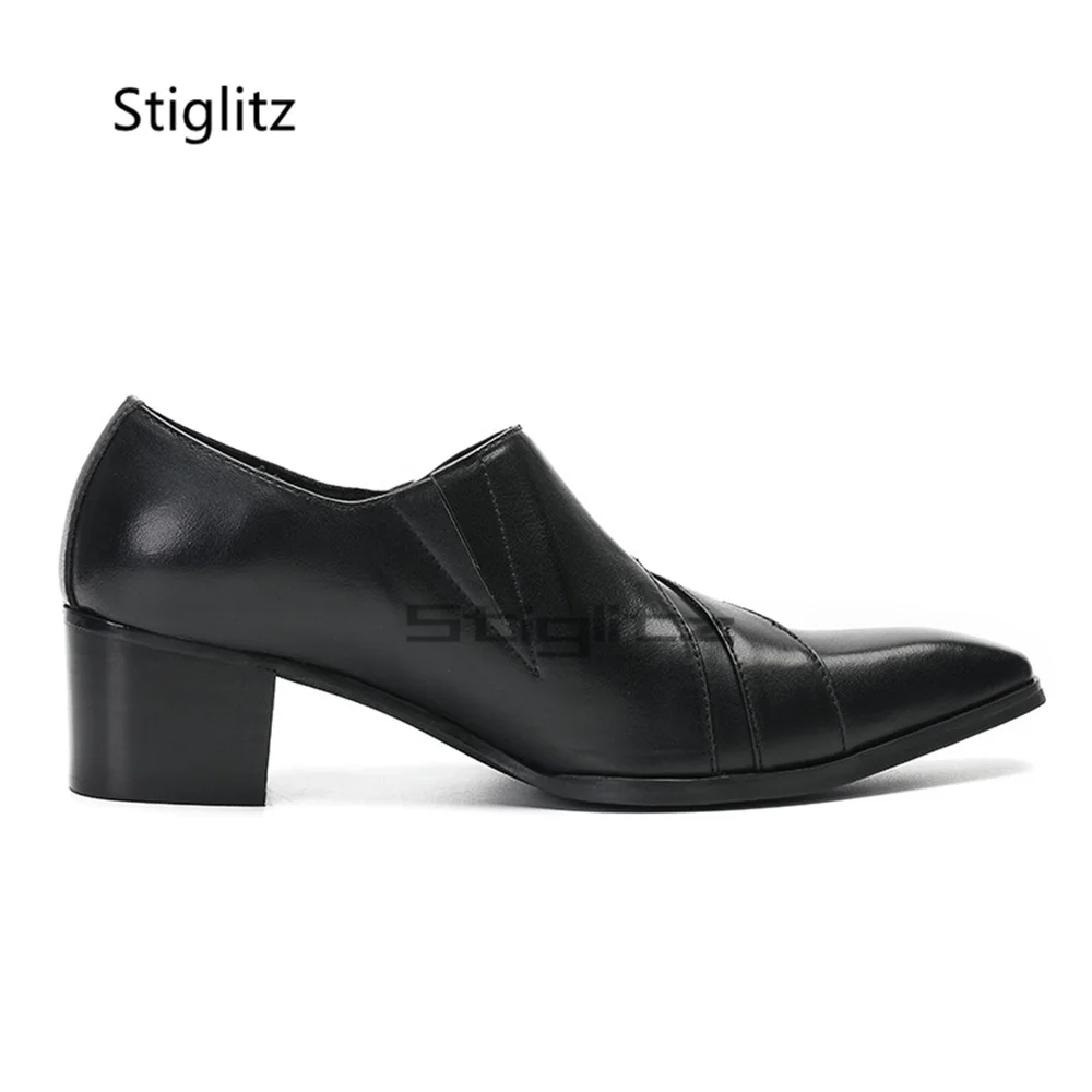 Men's Black Double Buckle Dress Leather Shoes Pointed Toe Block High Heels Real Cowhide Slip On Business Wedding Party Shoes