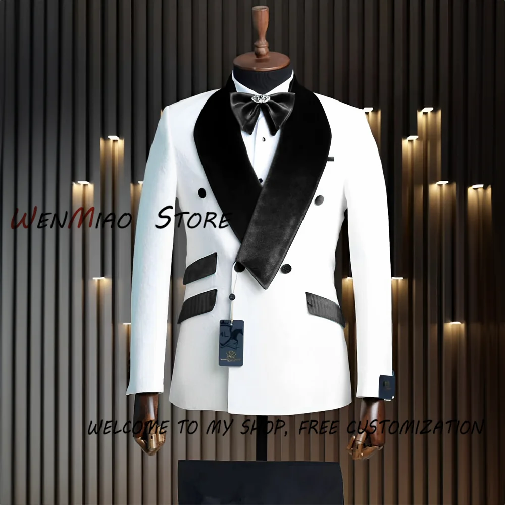 Made Double Breasted Men Suit 2 Pieces White Jacquard Wedding Suits for Men 2023 Slim Fit Groom Tuxedos Elegant Suit