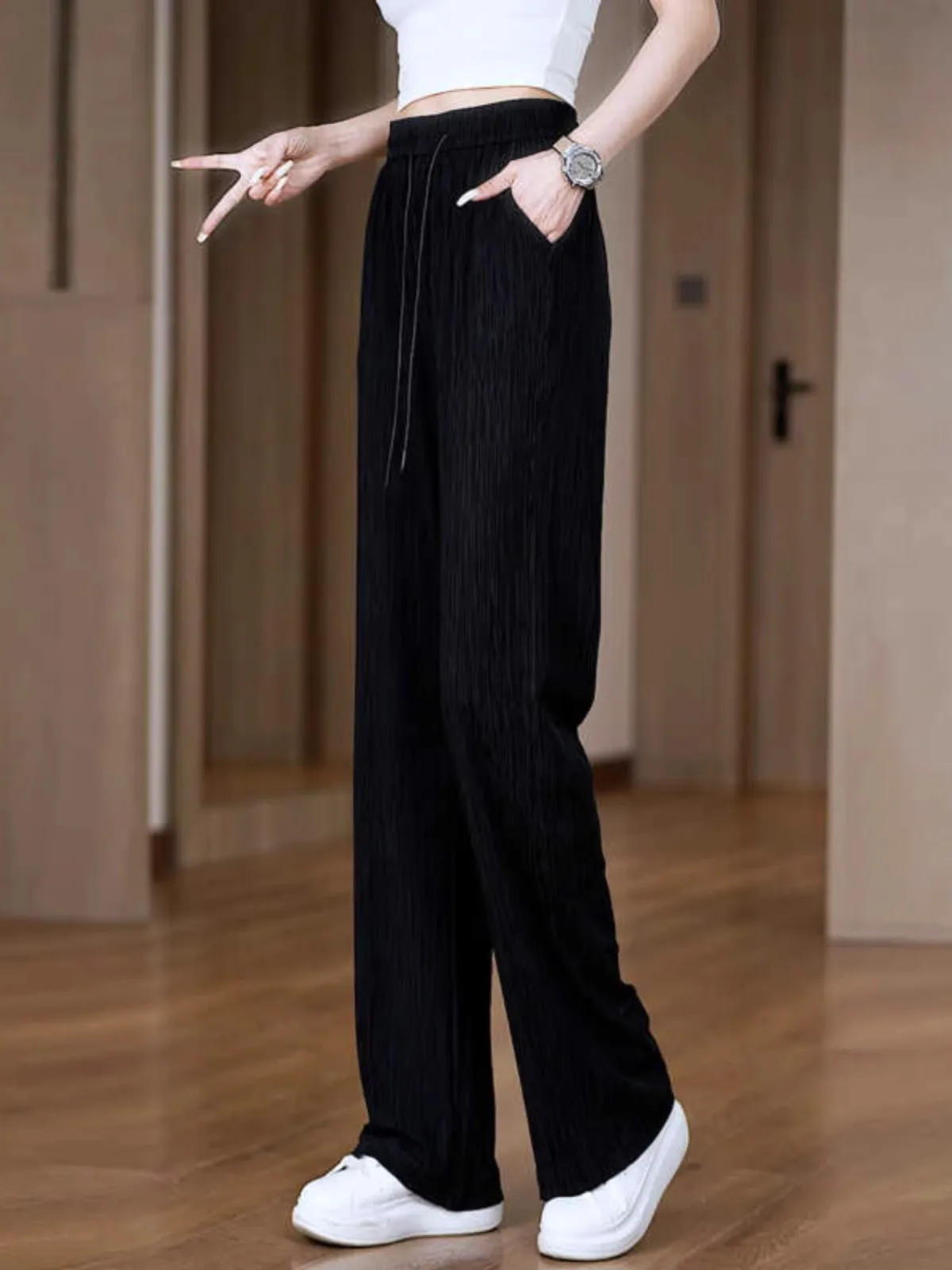 Primavera 2025 faion estreita calças de perna larga feminina macia cintura alta magro solto drapey versátil casual calças de perna reta