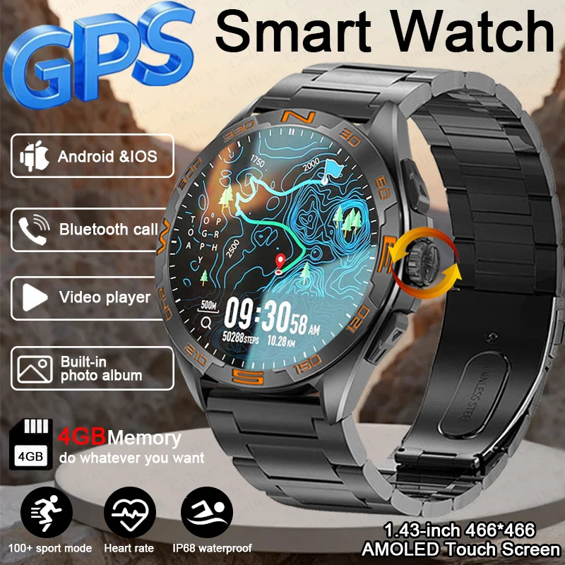 

2025 Новые GPS Спортивные Смарт-часы Мужчины Карта Навигация Amoled Экран 4 ГБ Память Bluetooth Вызов Сердечный ритм MP3 MP4-плеер Смарт-часы