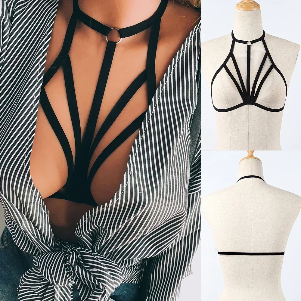Women Goth Fashion Sexy Erotic Harness Bandage Bustier Hollow Cage Lingerie Hollow Elastic Bandage Bra Tops Bralette