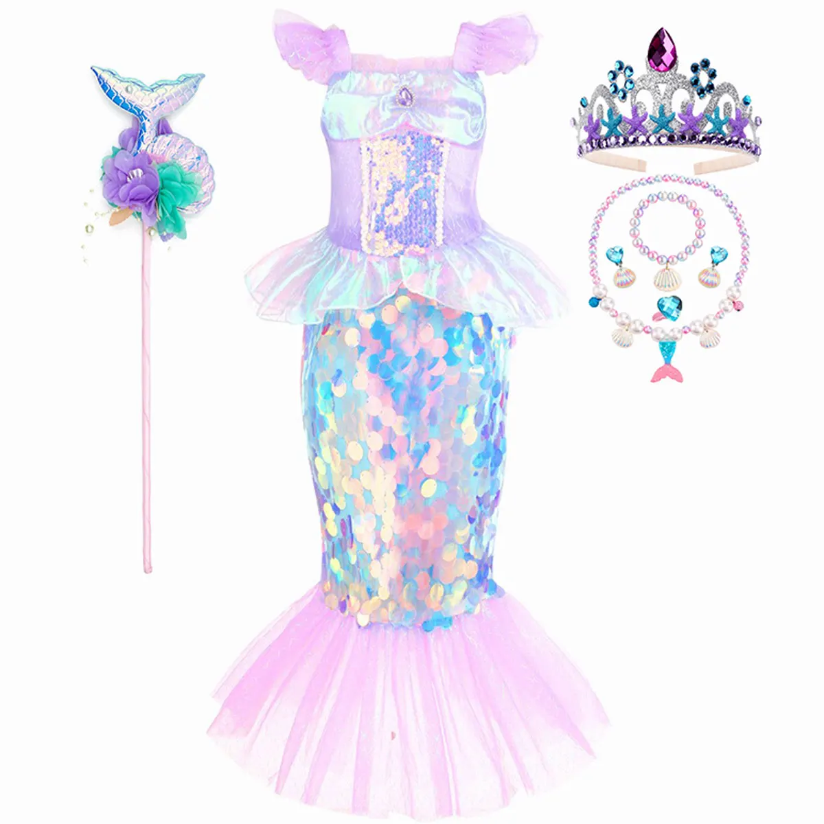 New Little Mermaid Ariel Princess Dress For Girls Short Sleeve Sequins Cosplay Costume Children Carnival Birthday Party Clothes