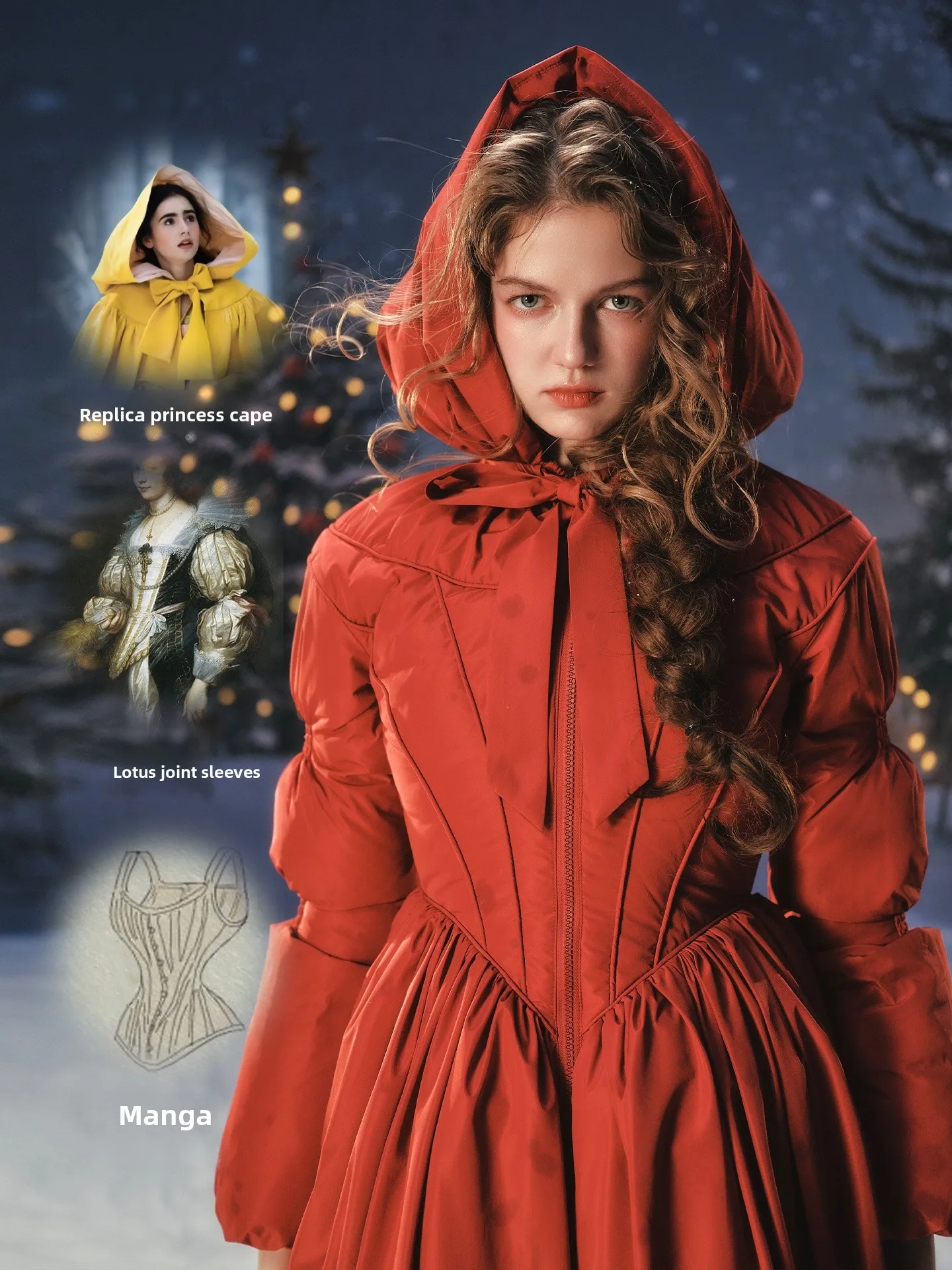 LaceMade Übergröße Damen Langer Daunenmantel Rot Cisas Neujahrs-Mantel Französischer Stil Abnehmbare Kapuze Hohe Taille Warm Damenmantel