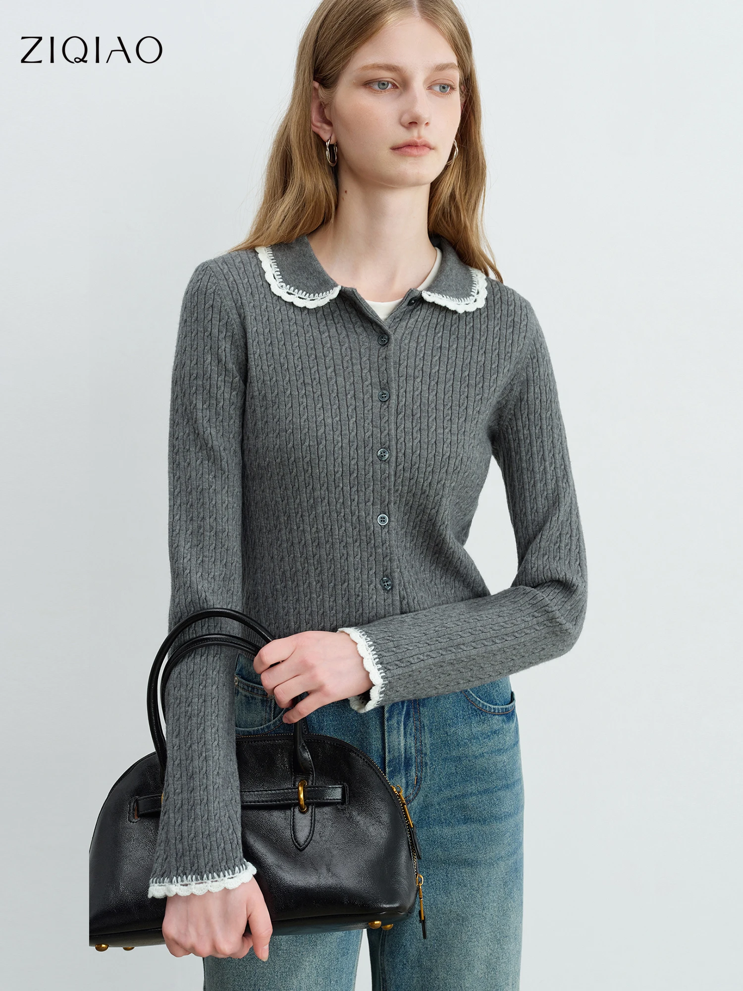 

ZIQIAO Baby Collar Straight Shoulder Knitted Cardigan Women 2025 Autumn New Grey Long Sleeve Lapel Knitted Cardigan 25ZQ93031
