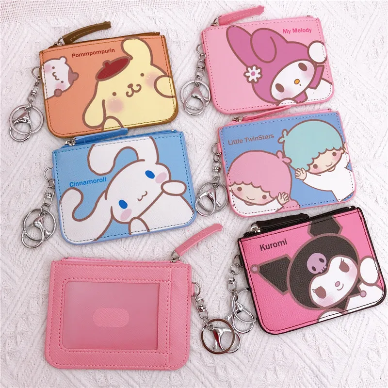 Kawaii Hello Kitty Cartoon Bag Pachacco Cinnamoroll Purin Kuromi PU Leather Card My Melody Holder Cute Sanrio Keychain