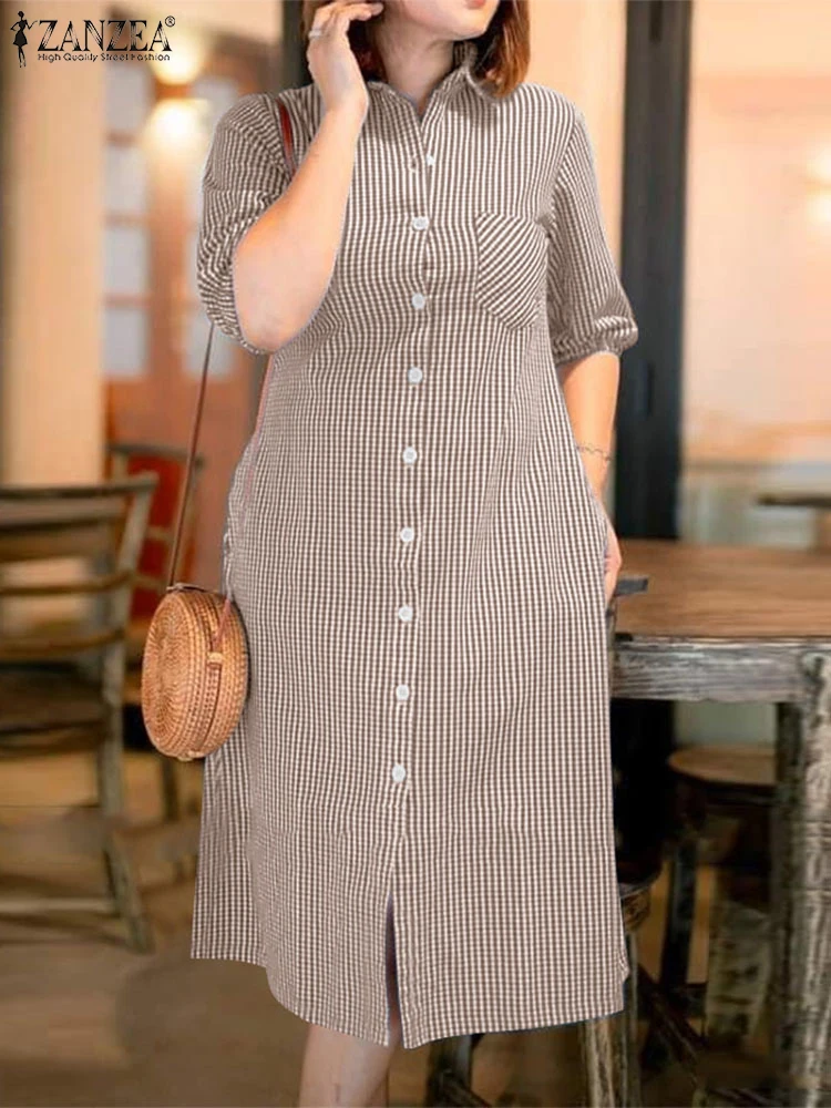 ZANZEA Checked Half Puff Sleeve Midi Dress Commute Elegant Women Gingham Vestidos 2025 Summer Turn-down Collar Daily Shirt Dress