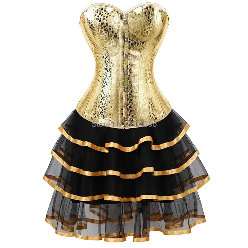 

leather corset bustiers skirts dresses tutu burlesque sexy corselet overbust costume cosplay gothic plus size gold with bling