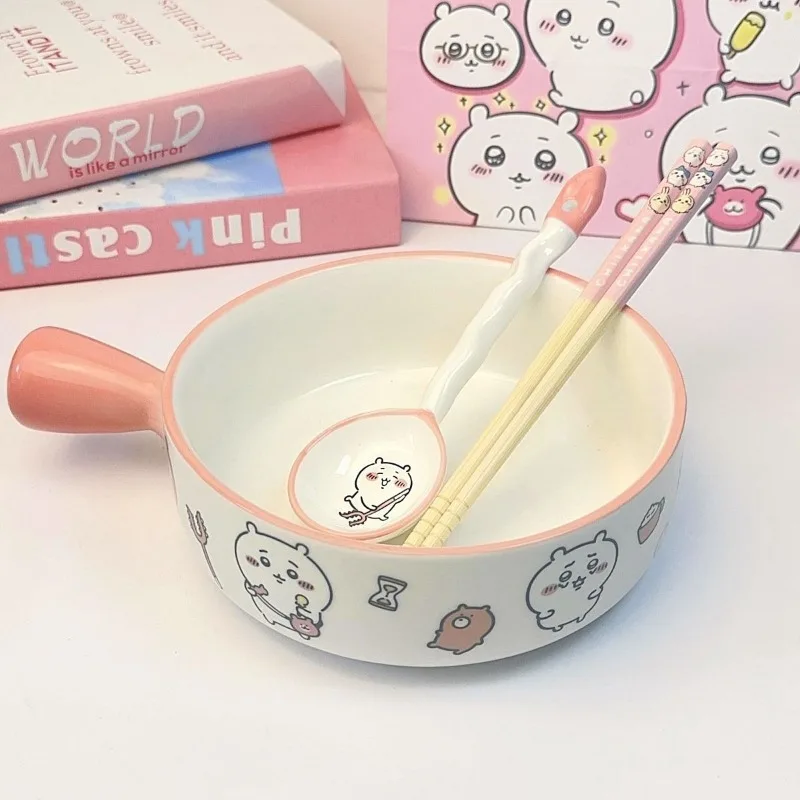Cartoon Kawaii Ins Fun Cute Pink Handle Bowl with Lid Instant Noodle Bowl Material Thick Durable Exquisitely Exterior Chiikawa