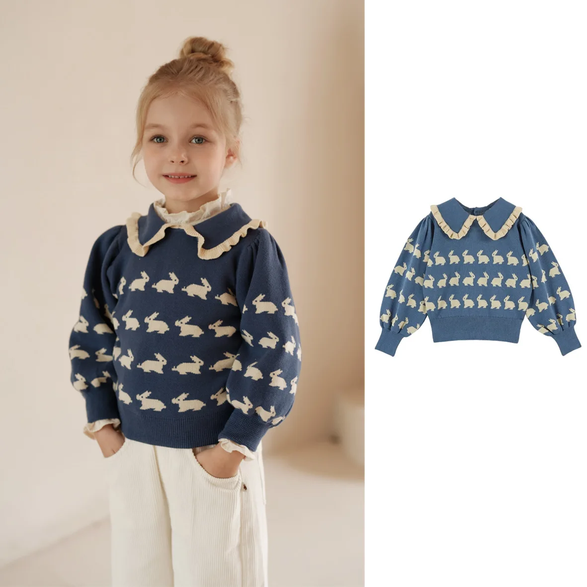 

Girls' Sweater 2025 Autumn/Winter New Versatile Girl Baby Cute Rabbit Printed Knitted Long Sleeve Top