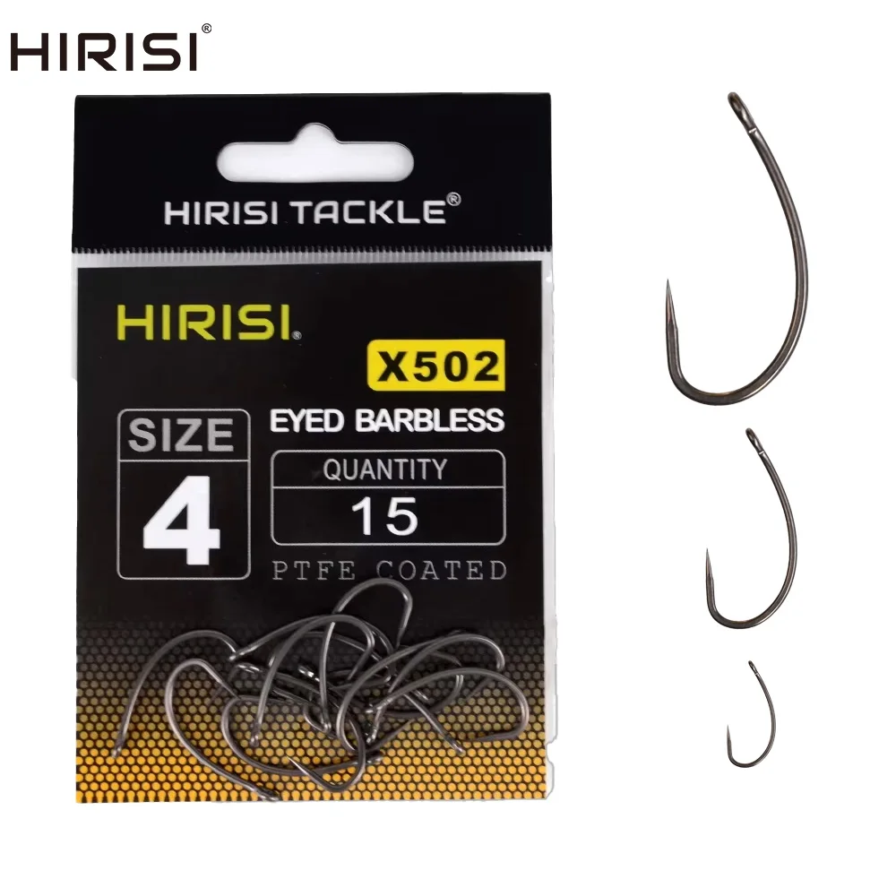 Hirisi 15pcs PTFE Coated High Carbon Stainless Steel Barbless Fish Hook With Eye Carp Fishing Tackle X502