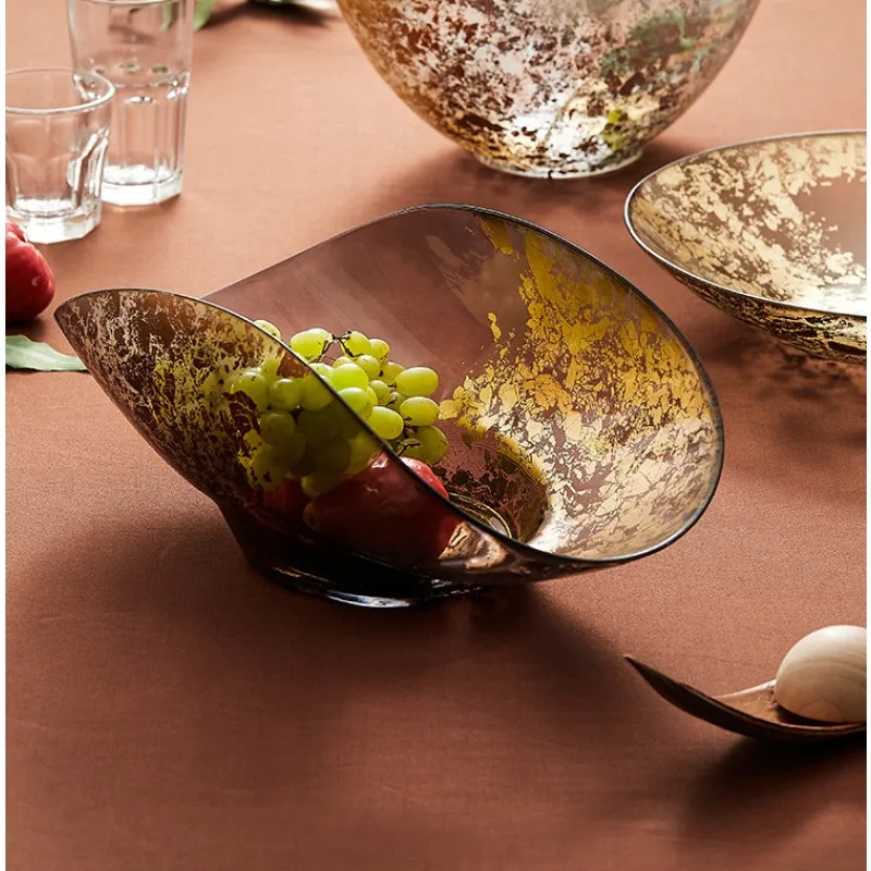 

Gold foil fruit bucket handmade creative glass plate decoration, food fruit plate, salad plate