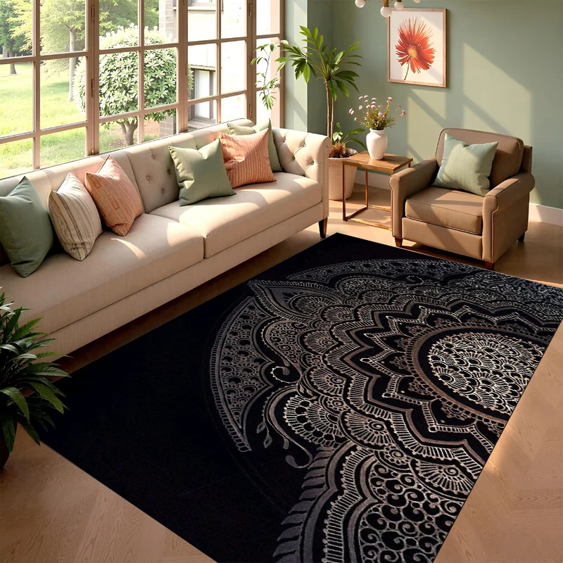 Black Mandala Rectangular Carpet Floor Mat Bohemian Half Medal Lace Printed Carpet Bedroom Living Room Home Decoration