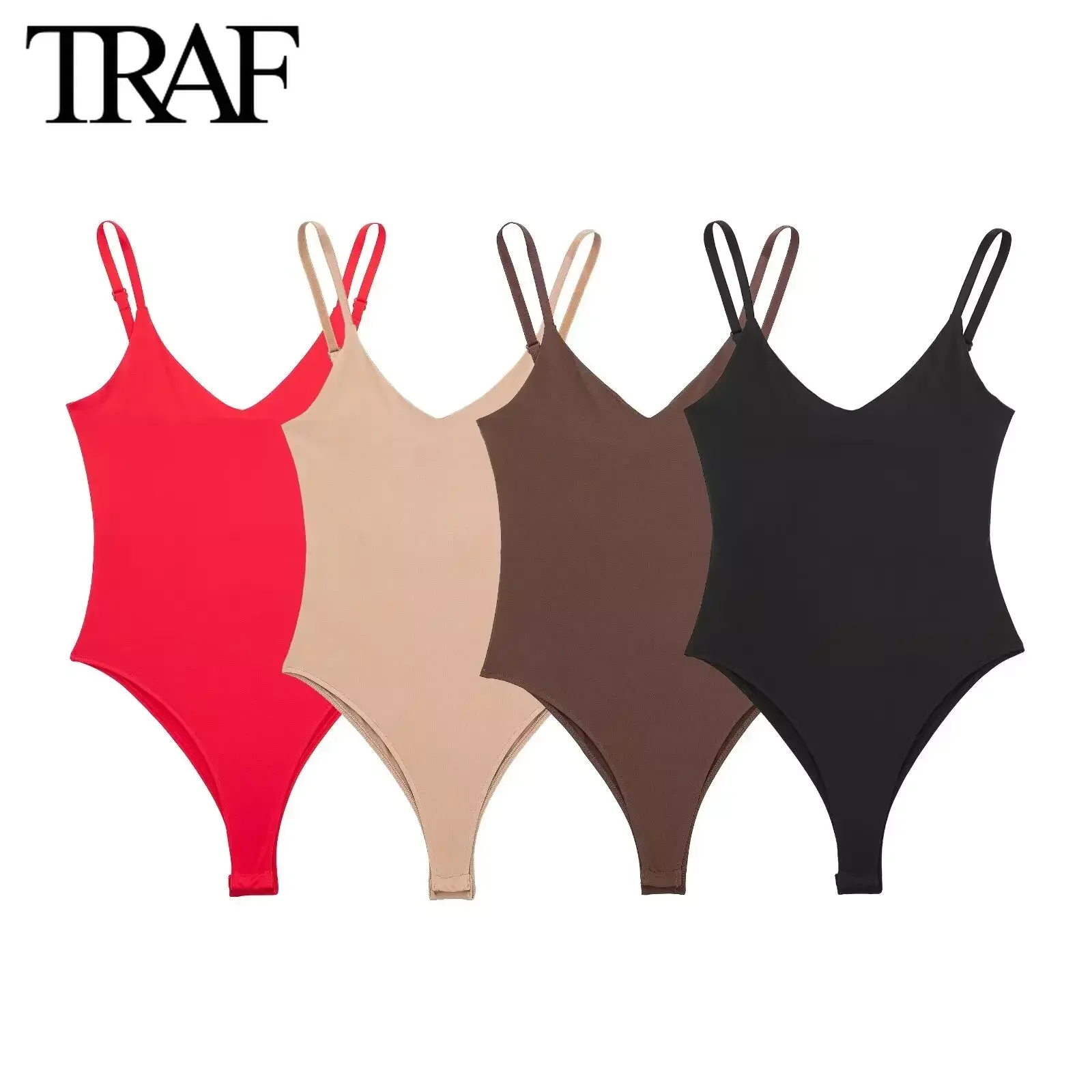 TRAF Women Fashion Spring New Black Nylon Bodysuits Sling V-Neck Multicolour Sexy Jumpsuit Chic Female Bustier Tops Mujer