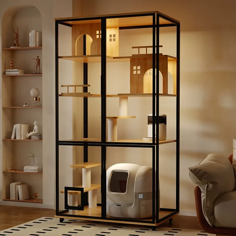 カスタマイズ可能な大型パノラマ自動猫ボックスLED多頭飼い猫ヴィラバルコニーガラスキャットルーム広々空間ケージ