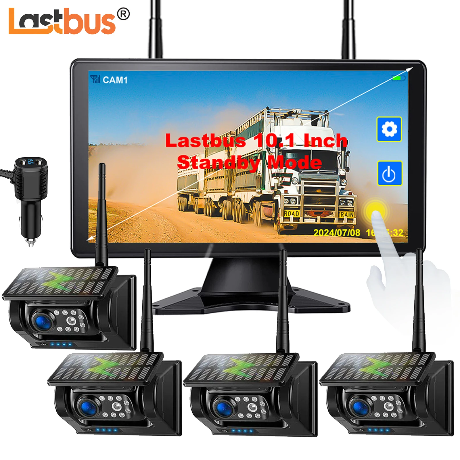 

Lastbus For Truck/Trailer 10.1" Touch Screen Digital Wireless Split DVR Monitor With Wireless 1080P Reverse Solar Panel Camera