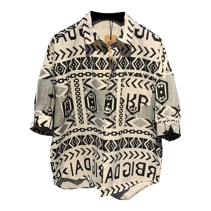 

Juspinice Korean Stylish Geometric Printed T-shirts for Men Summer Turn-down Collar Short Sleeves Loose Casual Fashion Tees
