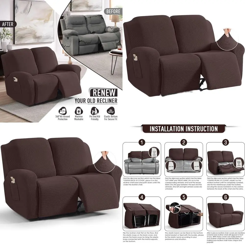 

Dual Recliner Loveseat Slipcover, 6-Piece Stretch Sofa Cover Set for 2-Seat Couch with Elasticity