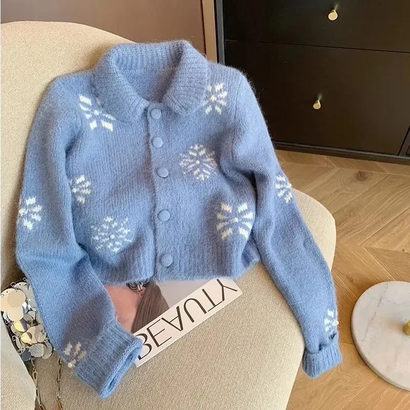 Gagarich Blue Jacquard Doll Neck Short Sweater Jacket Women Spring Autumn 2024 New Design Soft Sticky Knitted Cardigan Top