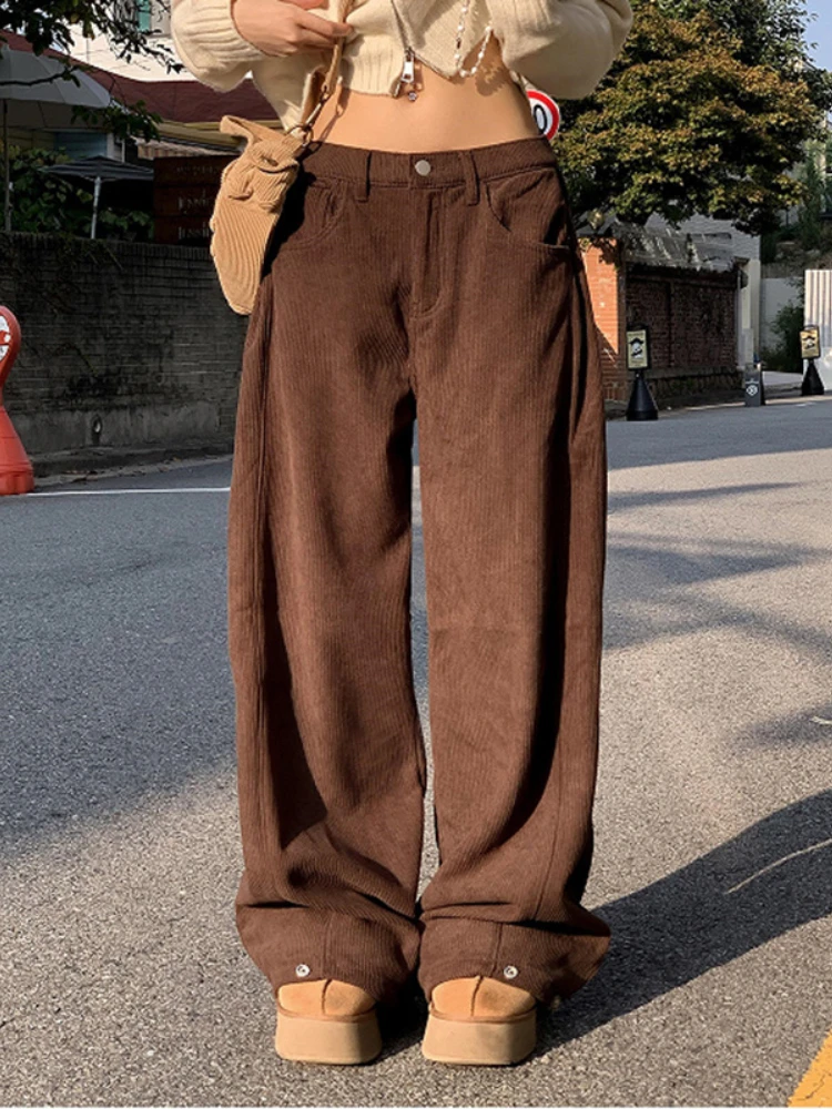 HOUZHOU Corduroy Baggy Pants Women Autumn Winter 2024 Brown Black Vintage Y2K Casual Low Waist Loose Wide Leg Pants Streetwear